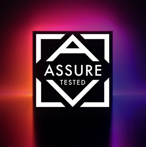 Logo with 'Assure Tested' text on a dark background with red and purple lighting